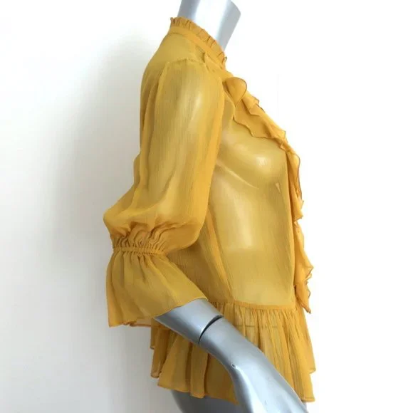 ULLA JOHNSON RUFFLE BLOUSE CASSAN MUSTARD CHIFFON SIZE 2 BELL SLEEVE TOP - Picture 2 of 8